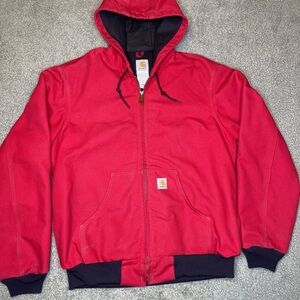 Rare VTG Carhartt Jacket J131 Red Duck Canvas Hood Size Medium Regular